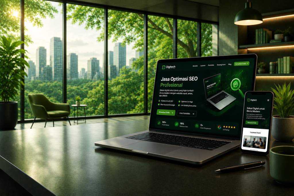 Tampilan jasa optimasi SEO profesional Digitech Solution pada laptop dan smartphone untuk meningkatkan peringkat website di Google