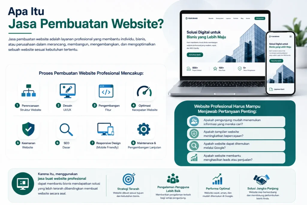 Jasa pembuatan website profesional dengan tampilan responsif di laptop dan smartphone untuk bisnis.