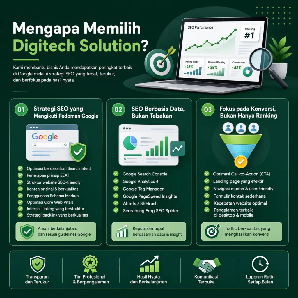 Tampilan jasa optimasi SEO profesional Digitech Solution pada laptop dan smartphone untuk meningkatkan peringkat website di Google.